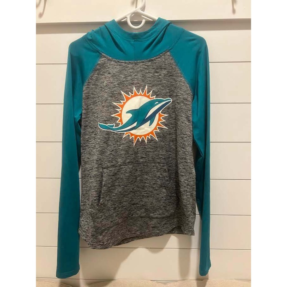 NFL Team Apparel Miami Dolphins Women Medium Teal Grey Hooded Shirt Thumbholes